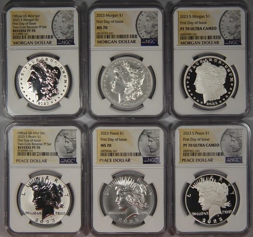 2023-S Morgan & Peace Silver Dollar (6) Coin Set NGC MS70 PF70 FDOI Reverse UC