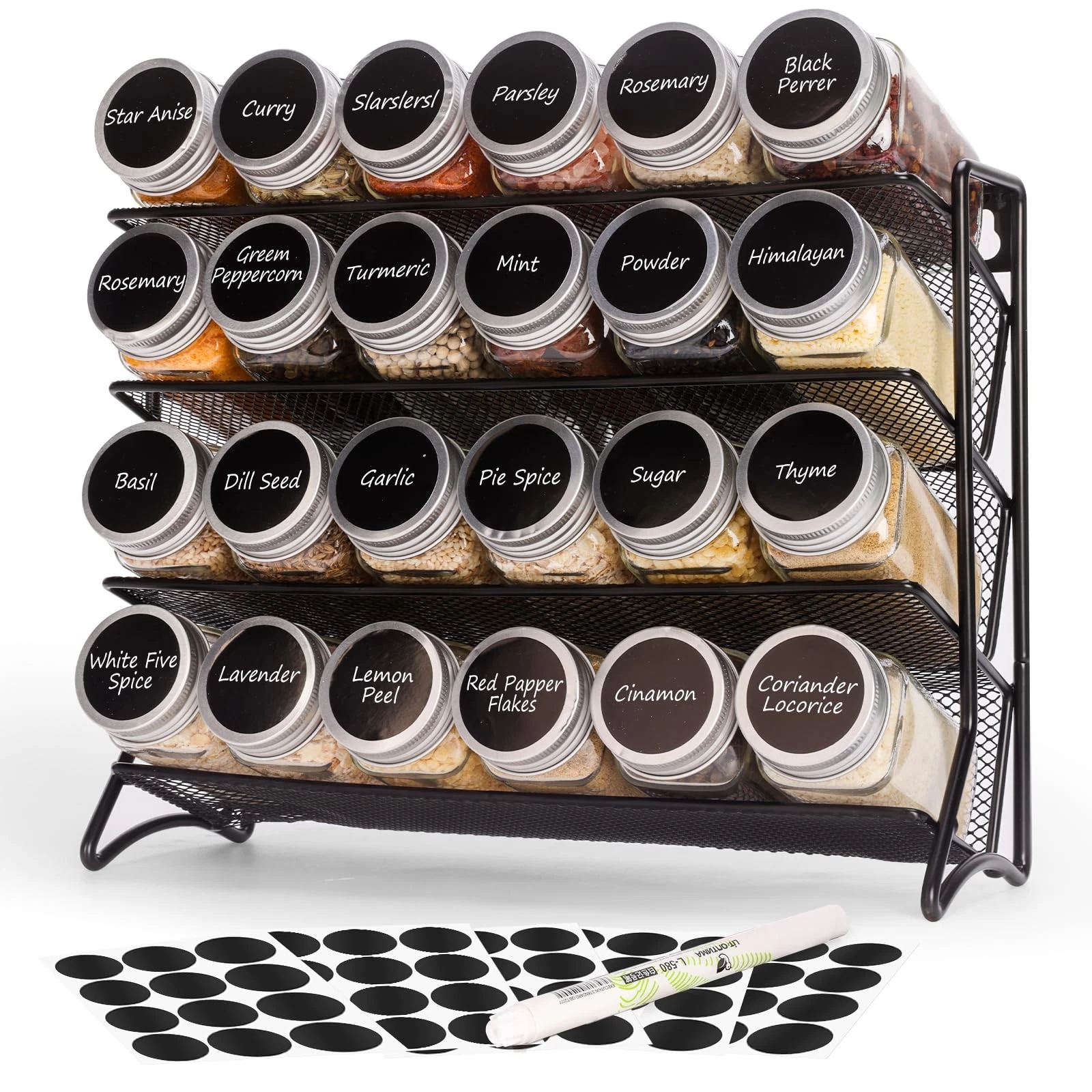 Spice Rack Organizer with 24 Glass Jars and 60 Labels, 4-Tier Seasoning Organ...