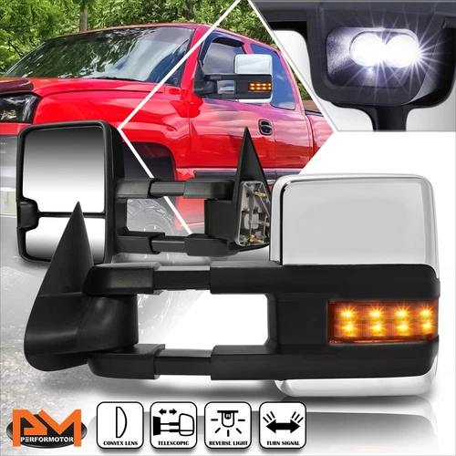 For 03-07 Silverado/Sierra Manual Extended Chrome Towing Mirror+LED Turn Signal