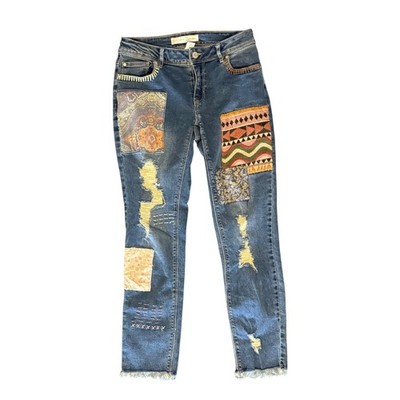 Est. 1946 Denim Patchwork Distressed Jeans Womens 2 Blue Boho Frayed Mid-Rise
