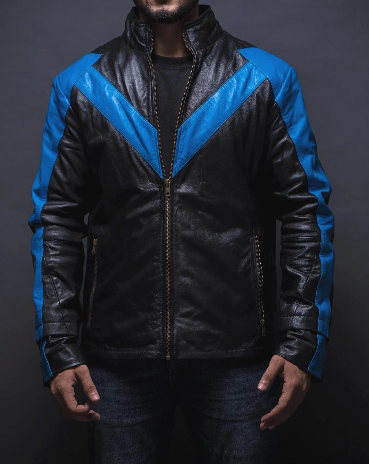 Men's Black Blue Real Leather Jacket Cafe Racer Motorcycle Biker Costume Coat
