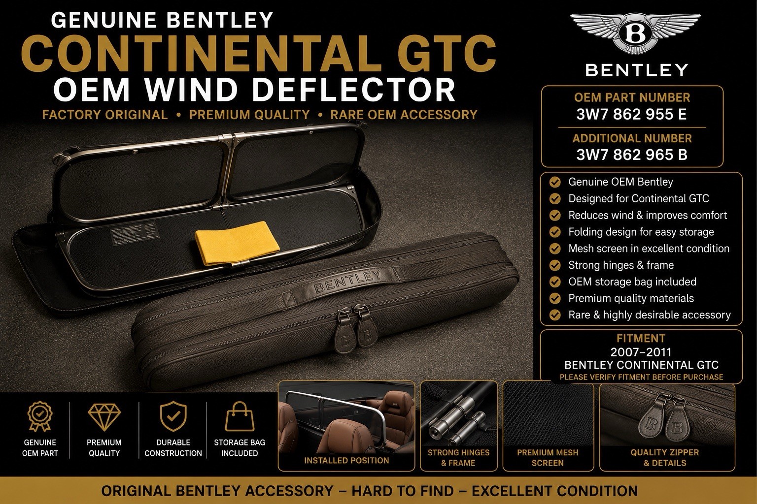 Genuine Bentley Continental GTC OEM Wind Deflector 3W7862955E