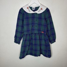 Vintage Oshkosh B  gosh Green Blue Plaid Dress Flower Collar Girls 6X Preppy