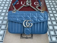 Gucci Marmont Bag Matelassé Chevron Blue Leather Silver GG & Chain Authentic