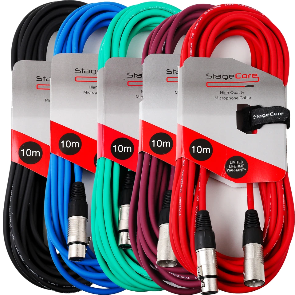 Pack Of 5 Stagecore 10m Male to Female Balanced XLR Microphone Cables Mic Lead