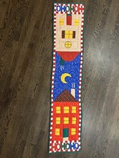 Vintage Cotton Christmas Quilted Table Runner House Moon Ho Ho Ho 68x15