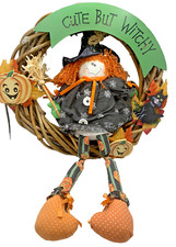 Vntage Halloween wreath door wall decor witch broom cat pumpkin wood 13"