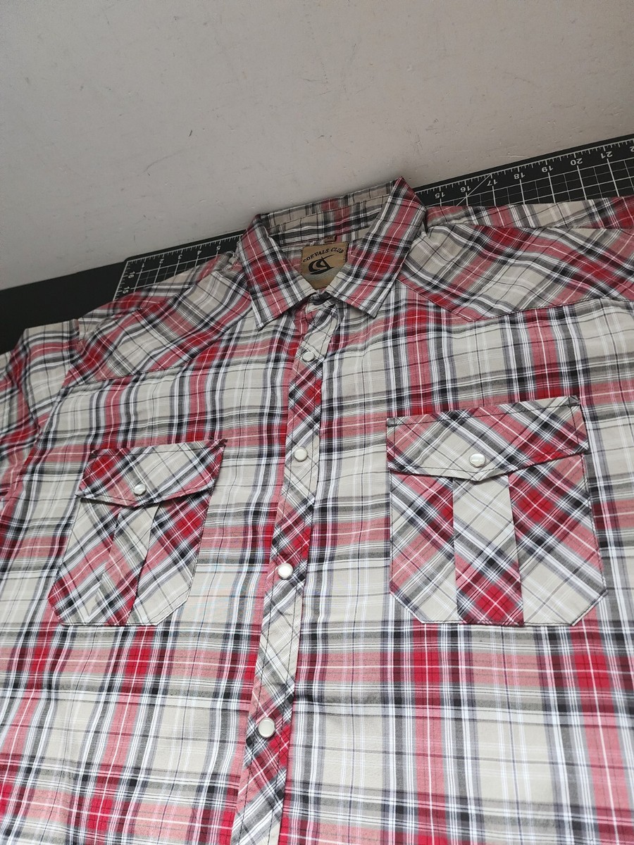 Coevals Club Men's Western Pearl Snap Shirt - Long Sleeve Plaid, Two Pocket Work Shirt (Red/White)