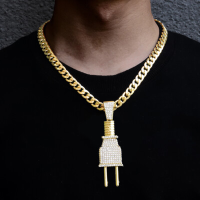 Large Power Plug Cubic Zirconia Pendant & 10mm Cuban Chain Hip Hop Necklace