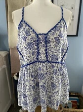 Knox Rose Tank Top Shirt Sleeveless Blouse White Blue Empire Waist Boho Small S
