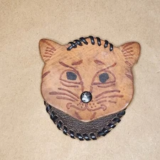 Vintage Tan Leather Kitty Cat Coin Purse Wallet Small Snap Close Handmade OOAK