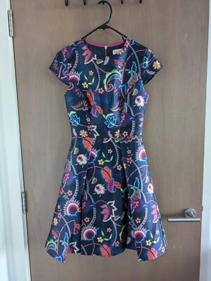 Ted Baker fluxam folk foliage navy floral skater dress size UK
