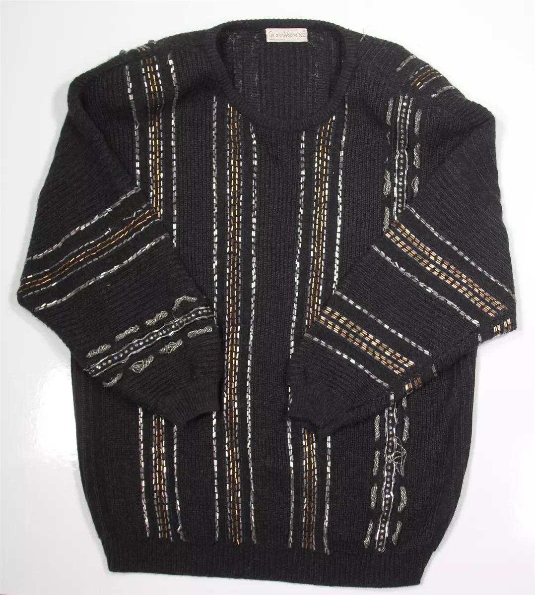 Gianni Versace Vintage 1980s Gray Knit and Beaded Heavy Wool-Angora Sweater  ~ M