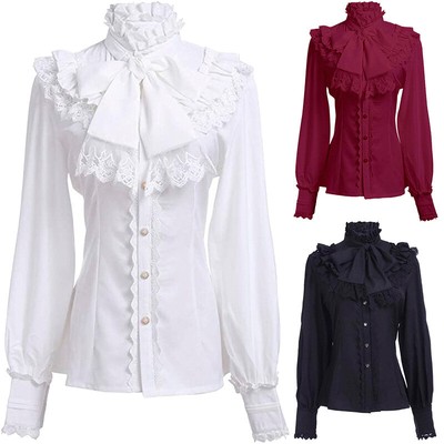 Neu Damen Spitze Hemd Bluse Top Viktorianisch Steampunk Gothic Rüschen Bow Retro