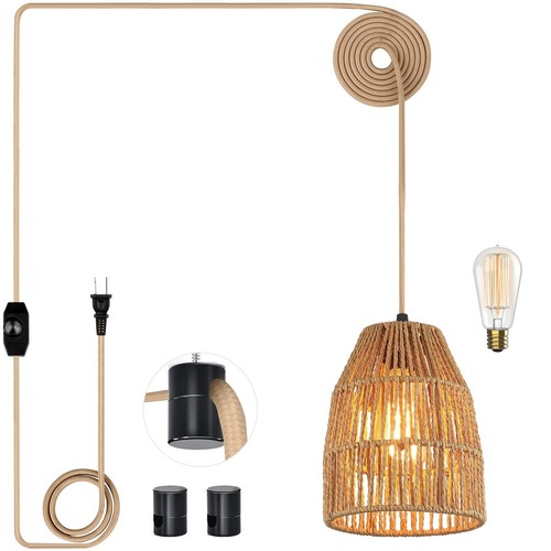 Plug in Pendant Light, Hanging Lights with 15ft Golden Cotton Cord & Stepless...