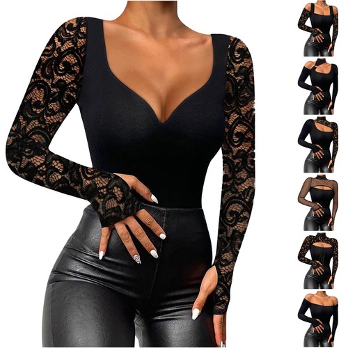 Women's Sexy Long Sleeve Shirts Tops Slim Contrast Lace Cold Shoulder T