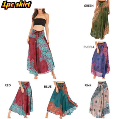 Damen Blumenmuster Chiffon Maxi Schaukelrock A-Linie Kleid plissiert Strand Bauchtanz