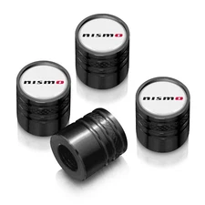 for Nissan NISMO in White on Black Aluminum Cylinder-Style Tire Valve Stem Caps