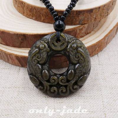 Chinese 100% Natural Gold Obsidian Jade Pendant Necklace Hand-carved PiXiu V074
