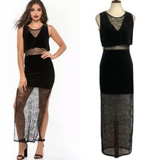 MINKPINK Alexia Lace Velvet Maxi Dress Womens M Black Sheer Cocktail Party