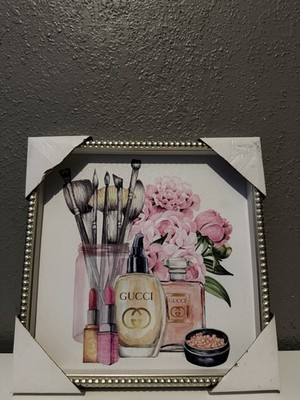 Gucci Framed Decorative Square Print Makeup Flowers Modern Art Pink Gold