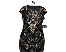 EXPRESS Women's Size XS Black Gold Sequin Art Deco Mini Dress Geometric Bodycon
