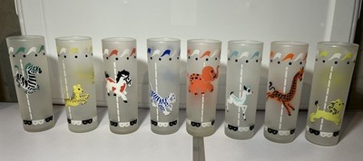 8 Libbey Carousel Frosted Drink Glass Set Vintage Animal Circus