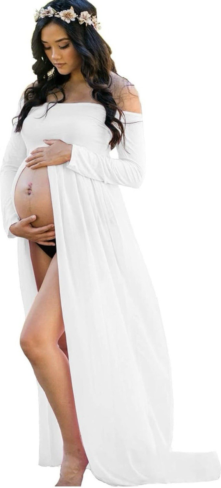 long white off the shoulder maternity dress Tiffany Rose Grace Off-Shoulder Maternity Wedding Gown (Ivory)