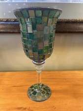 Blue Green Gold Mosaic Stemmed Candle Holder 12 H