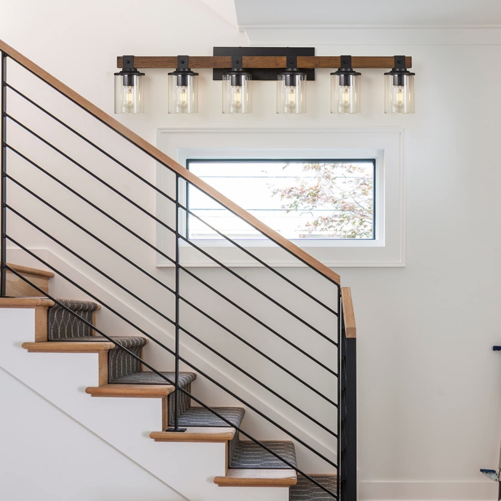 DUJAHMLAND 6-Light Wood Vanity Light,40.5 inch Farmhouse Bathroom Metal Wall ...