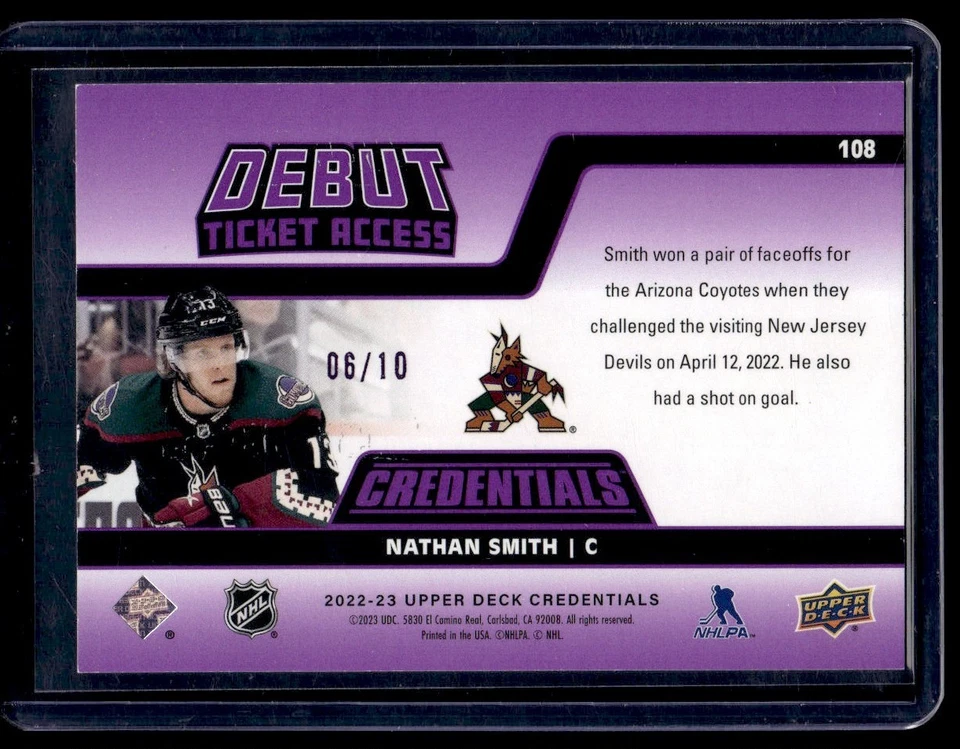 2022-23 Upper Deck Credentials Ticket Access Purple Nathan Smith RC 06/10 #108 - Image 2 of 2