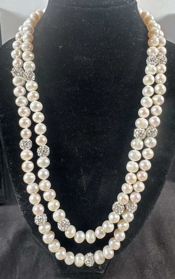 "Collar 19"" Doble Hilo Auténticas Perlas y Cristales 6mm Muy Buena Calidad! Foto 3 de 4