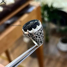 Elegant Yemeni Aqeeq Natural Black Agate Ring Handmade Unique Jewelry