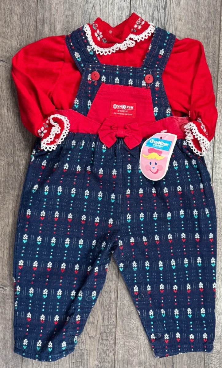 Baby Girl Clothes New Vintage Oshkosh 6-9 Month 2pc Flower Overalls Outfit