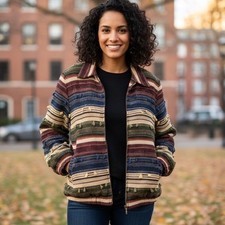 Vintage Alfred Dunner Stripe Tapestry Jacket Blazer Women 14 Red Tan Blue Zipper