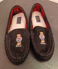 Polo Ralph Lauren Declan Bear Moccasin Slippers Black plaid Lined Comfort Sz 9
