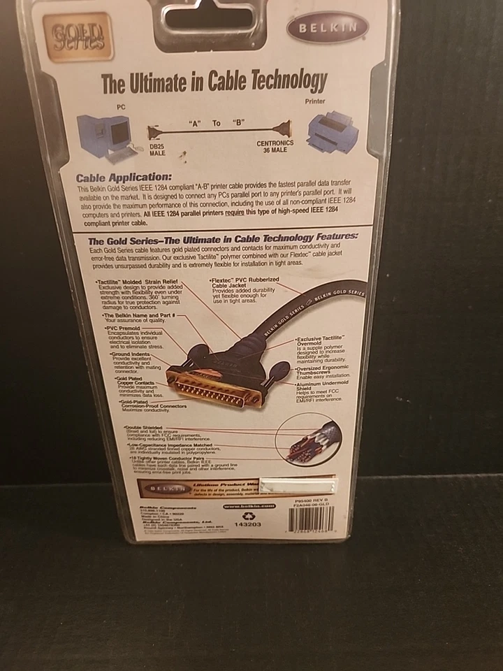 Belkin IEEE 1284 Printer Cable 10 ft Gold Series Gold Plated New Sealed - Image 2 of 2