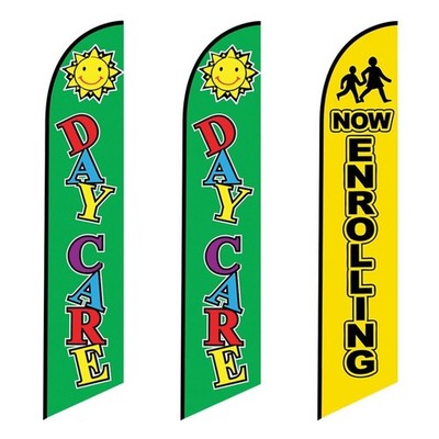 3 (three) Tall Swooper Feather Flags 1 Now Enrolling And 2 Day Care windless...