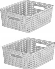 2 x Grey 13L Curver Nestable Plastic Rattan Storage Basket Tray 35.5 x 29.5cm