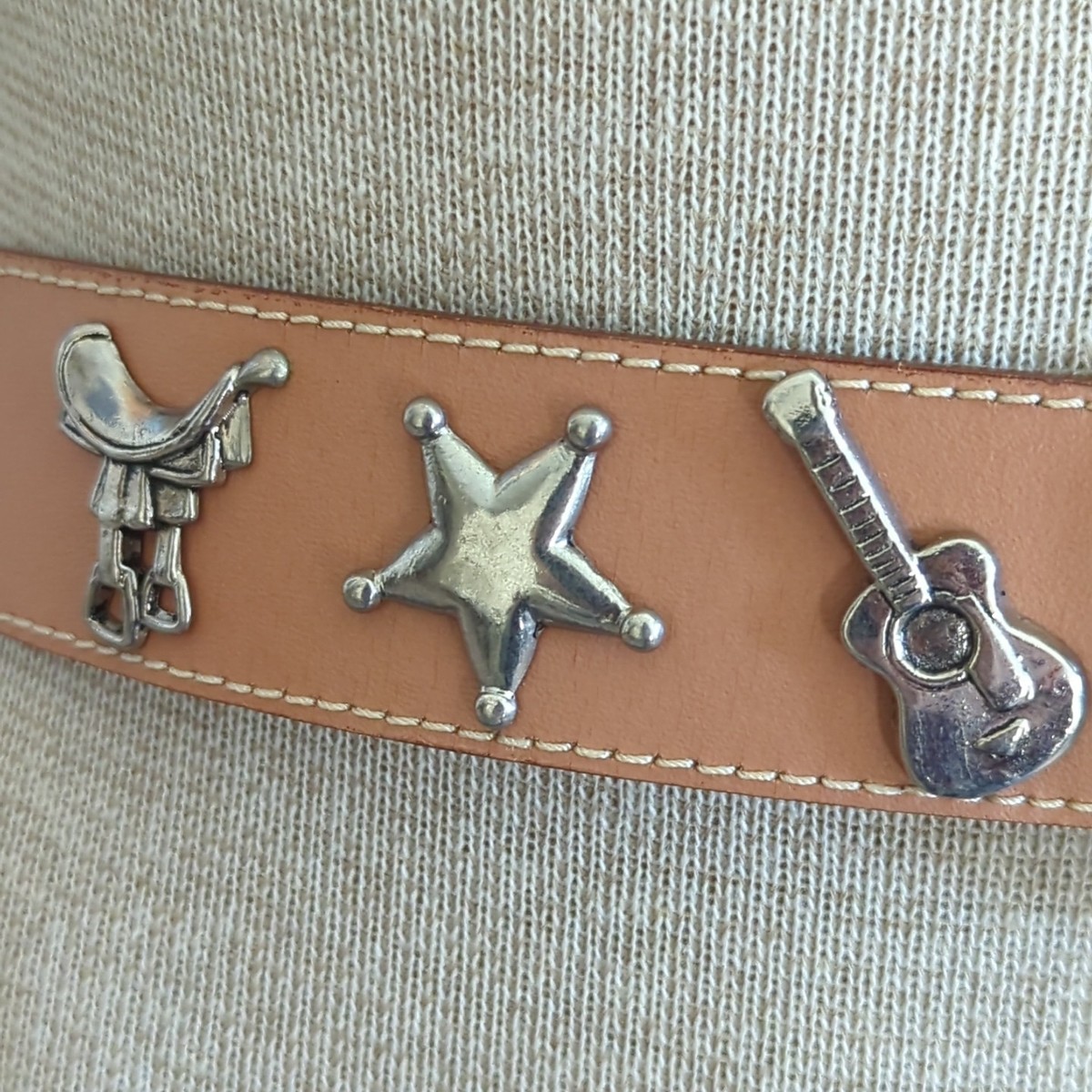 Vtg Prima Collezione By Leather Shop Western Belt Saddle Star & Guitar Size M-lp View 2