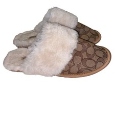 Coach Slippers Womens Size 7B Ziva Slipper Signature Jacquard Faux Fur Khaki