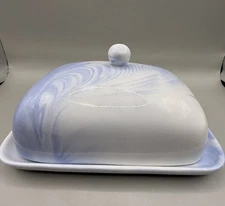 Marbled Ciroa Covered Butter Dish Blue on White, 7” X 5.5” X  3” , 2 Lbs
