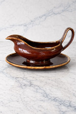 Large Hull Brown Drip Glaze Gravy Boat w/ Underplate USA Oven Proof Vintage