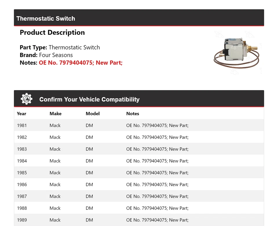 Interruptor termostático Mack DM 1981-1989 4 estaciones 1982 1983 1984 1985 1986 Foto 2 de 4