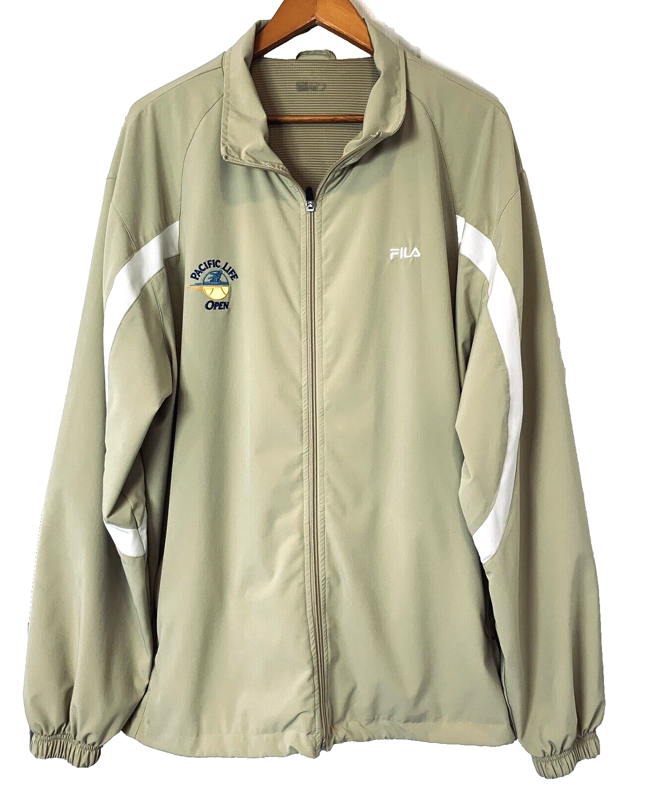 Giacca da tennis aperta Fila Pacific Life marrone chiaro ricamato logo bianco 3XL VINTAGE ANNI 70