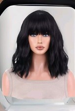 Black Wig Short Bob With Bangs Human Hair Blend