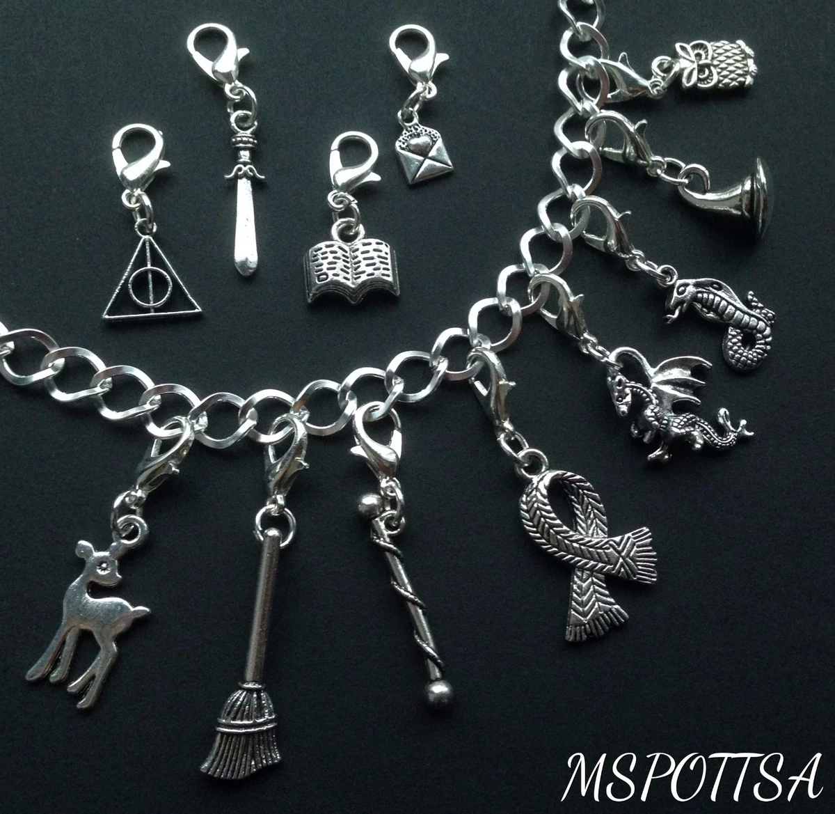 Harry Potter Bracelet Clip Ons Charms Zipper Pulls Silver Deathly Hallows  witch