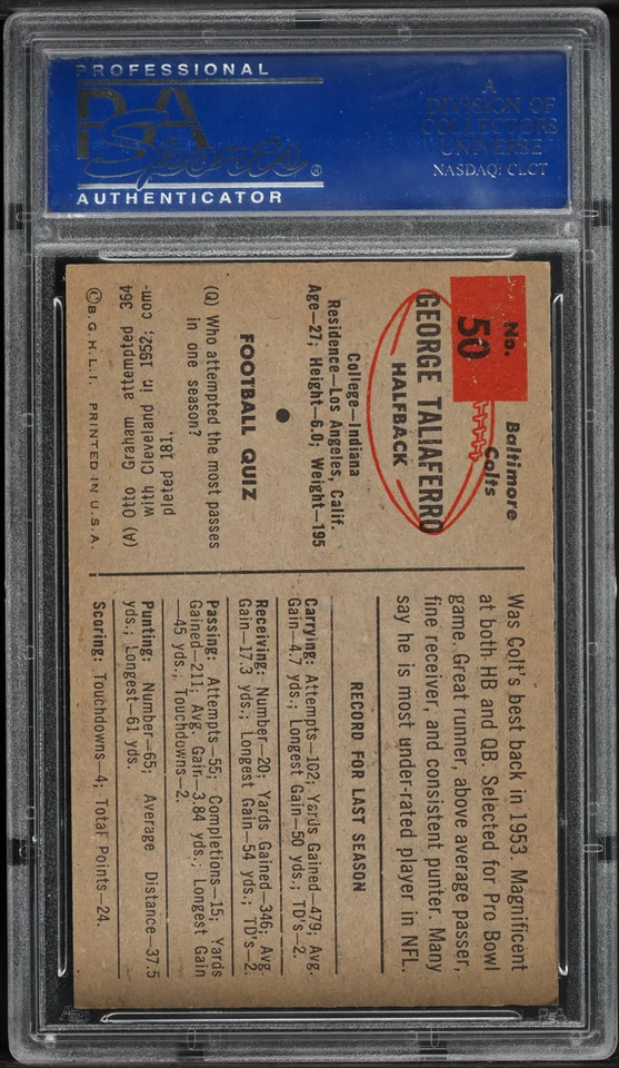 1954 Bowman FB Card # 50 George Taliaferro Baltimore Colts HOF PSA 8 NM-MT - Image 2 of 2