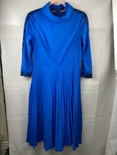 Vintage Blue Dress UK 12-14 Pleated Skirt Roll Neck 3/4 Sleeve