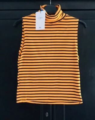 Quality New Tags ZARA Woman Ribbed Orange High Collar Tank Top  Festival UK